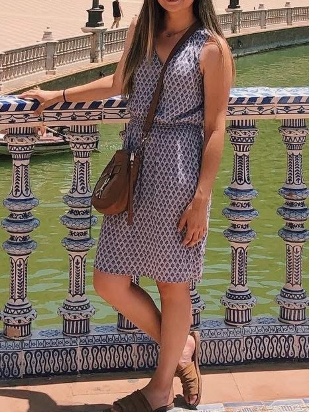 LOFT Sleeveless Printed V-Neck Mini Dress in Light Blue